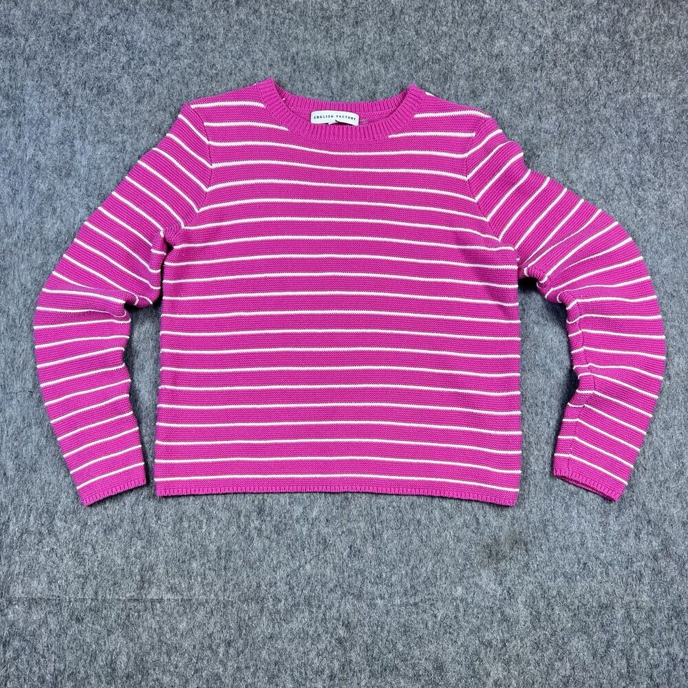 English Factory Women's Knit Sweater Pink Striped PulloverTight Knit Size Medium